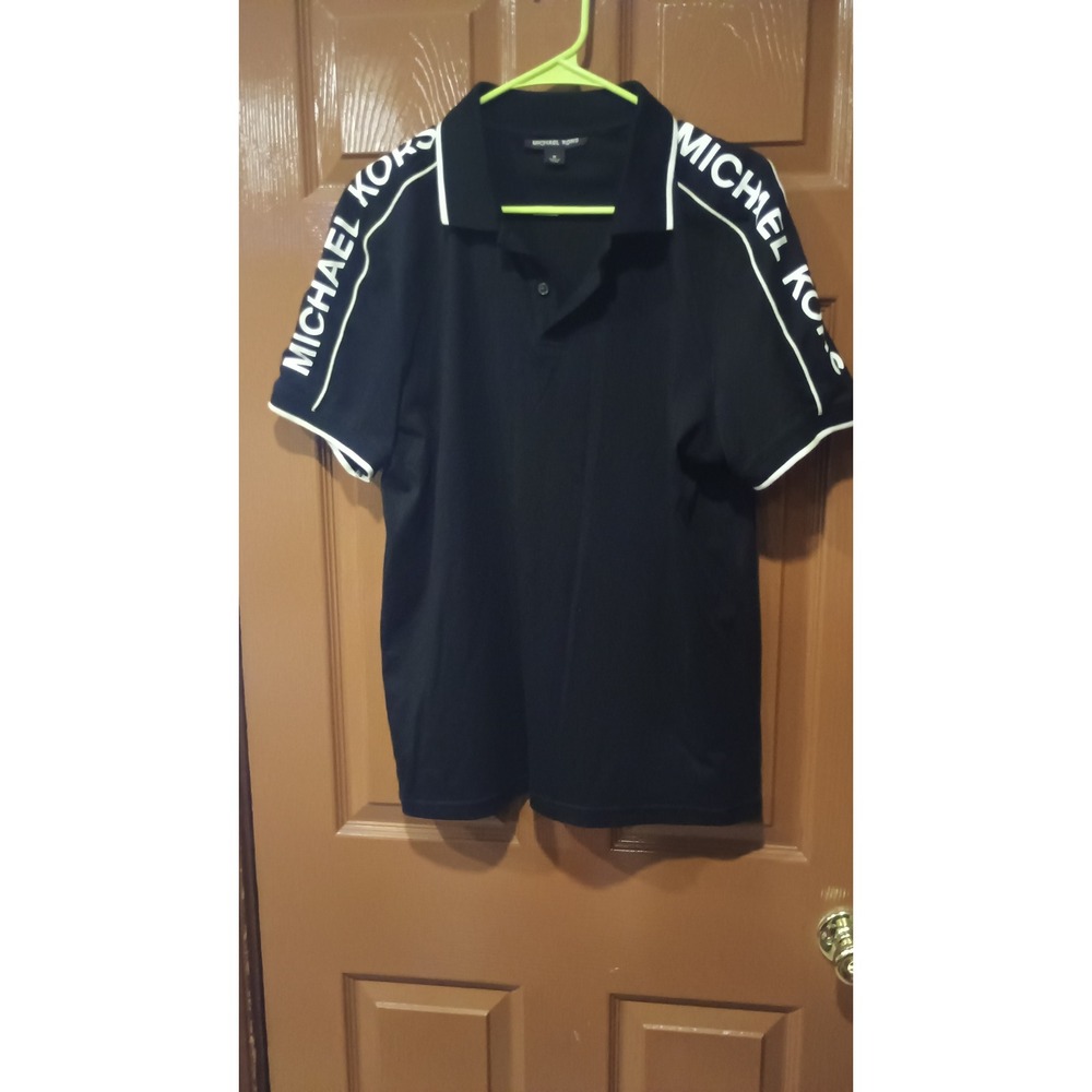 Michael Kors Polo Shirt Mens Medium Black Excellent Logo Tape Shoulder Striped